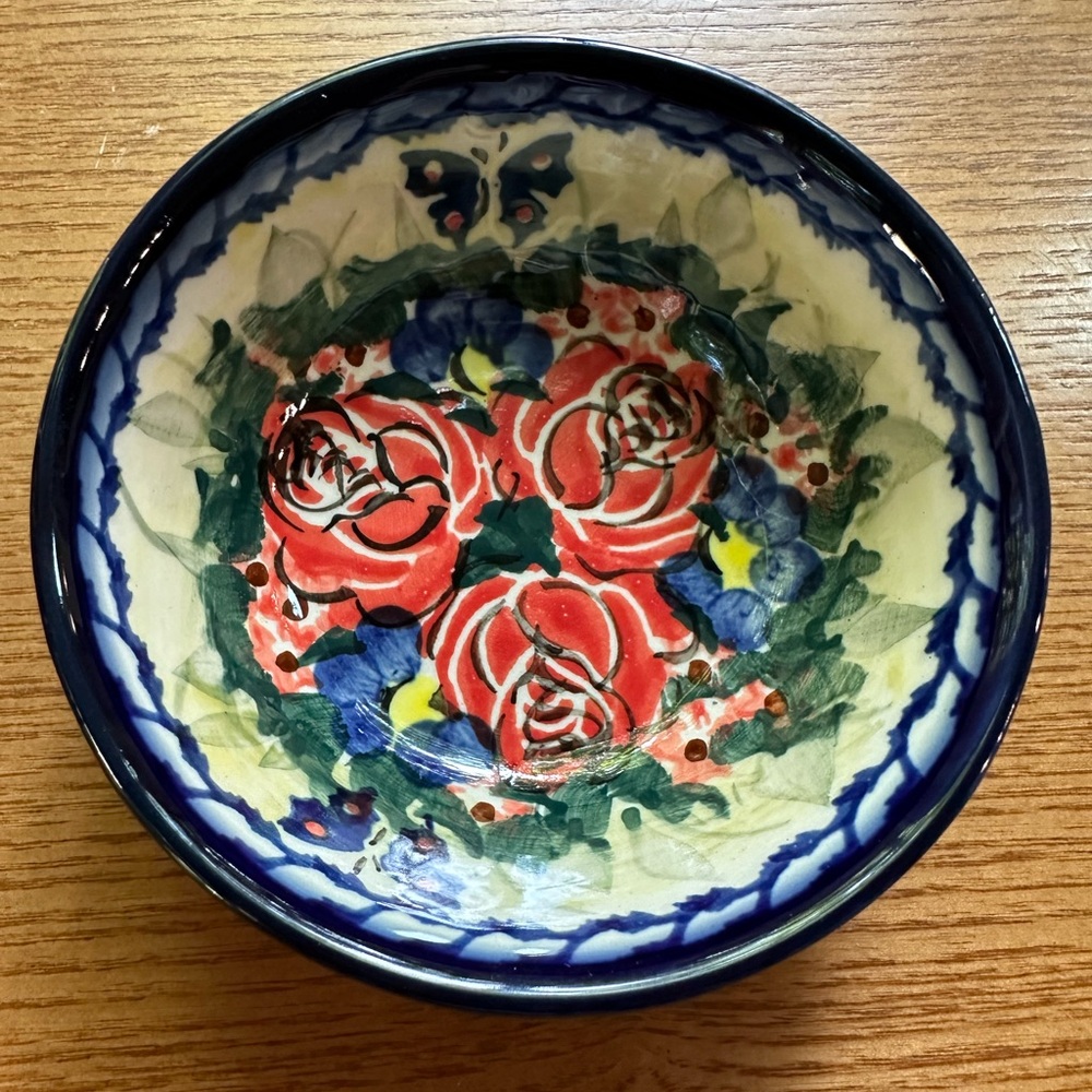 Boleslawiec Polish Pottery UNIKAT Signed Mini Trinket Bowl "Rose Garden" NWOT